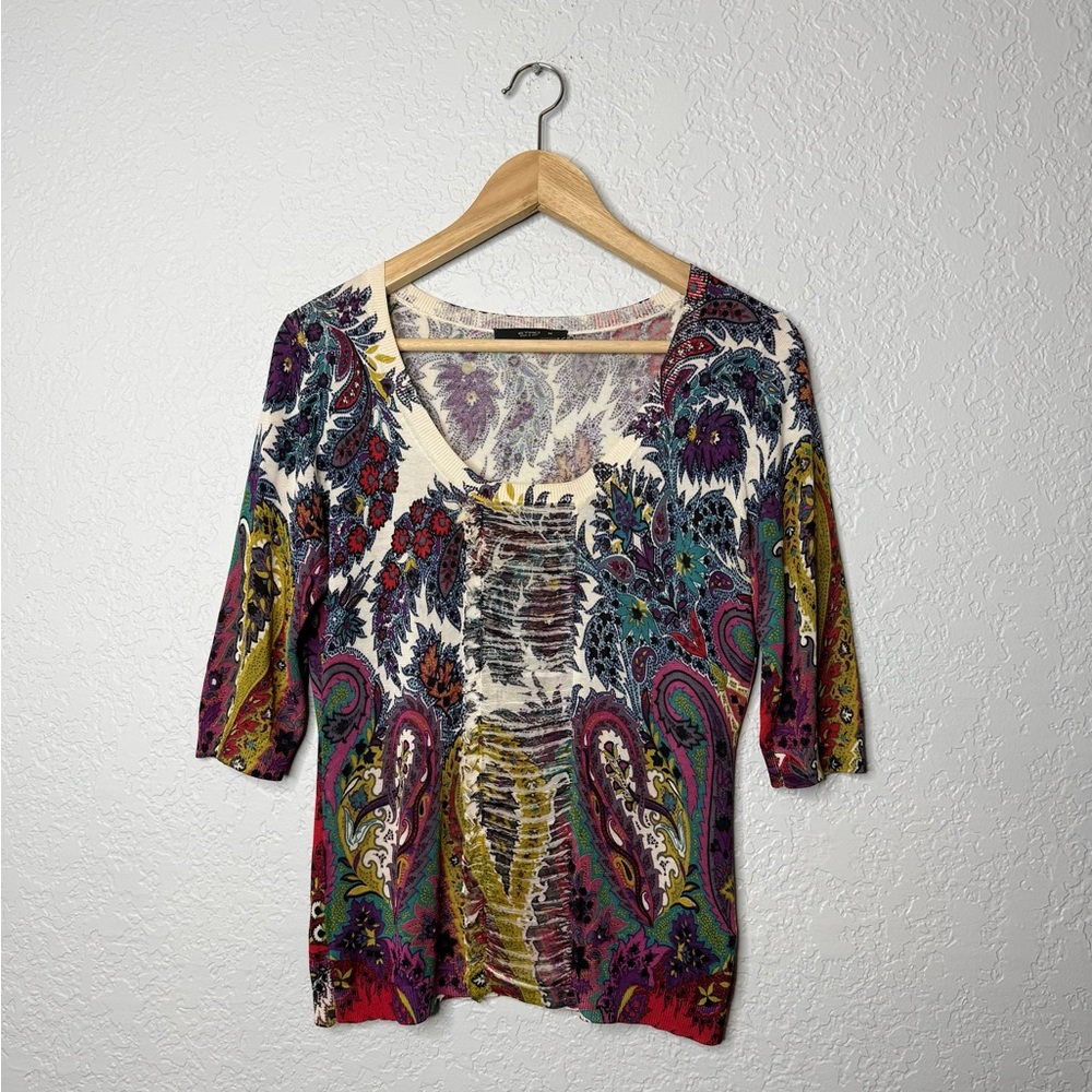 Etro Maglia Knitted 100% Silk Paisley Printed 3/4 Sleeve Blouse Made in Italy 46